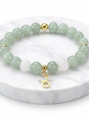 Taurus Green Aventurine White Jade Bracelet Gold Zodiac Charm Beaded Jewelry